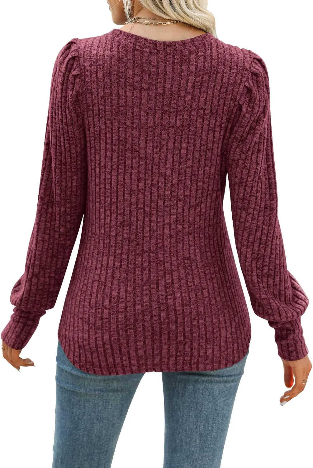 MIHOLL Women's Puff Long Sleeve Shirts Casual Knit Blouses Crew Neck Elegant Tunic Tops