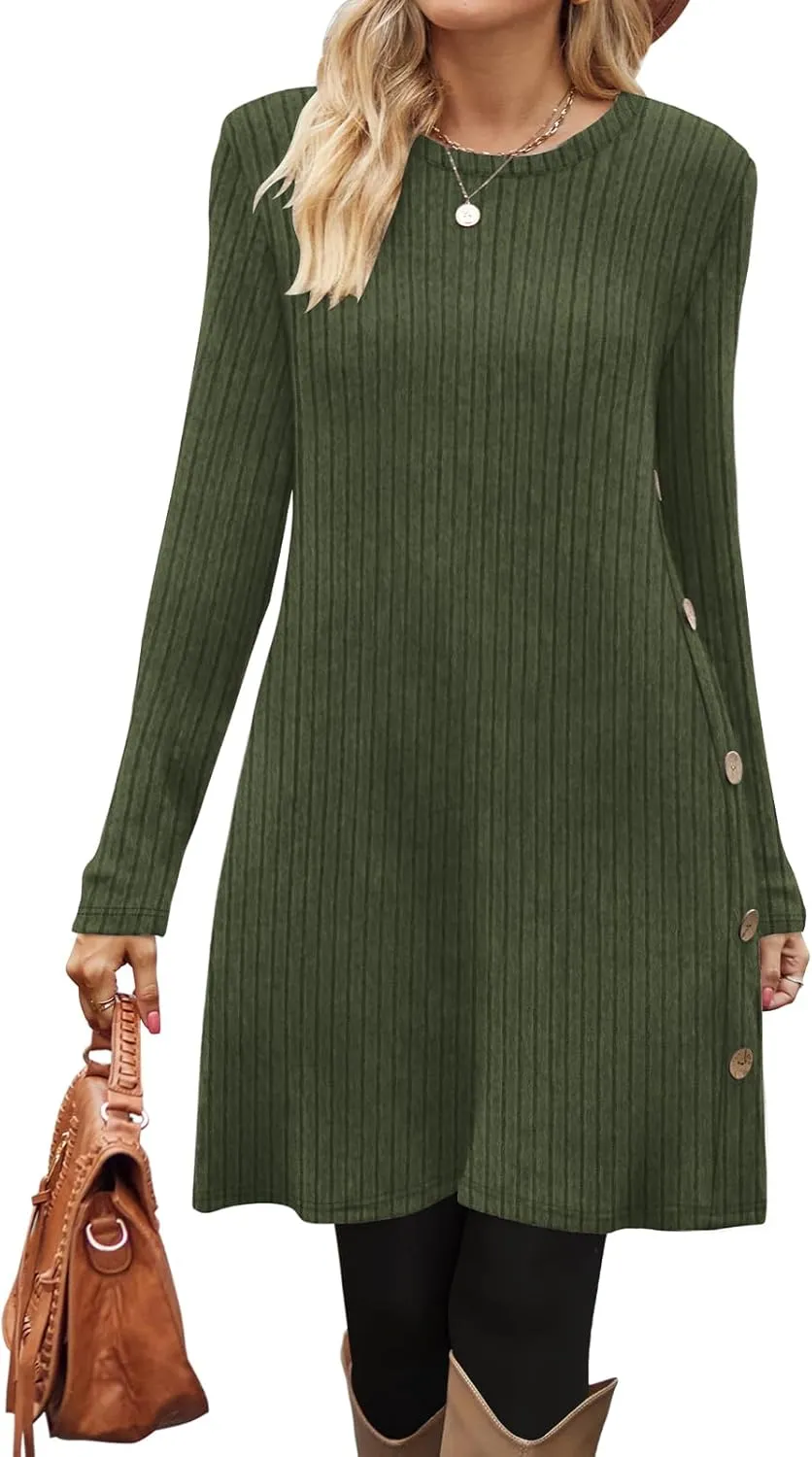 OFEEFAN Fall and Winter Tunic Dress with Pockets Long Sleeve Crew Neck Buttons Side