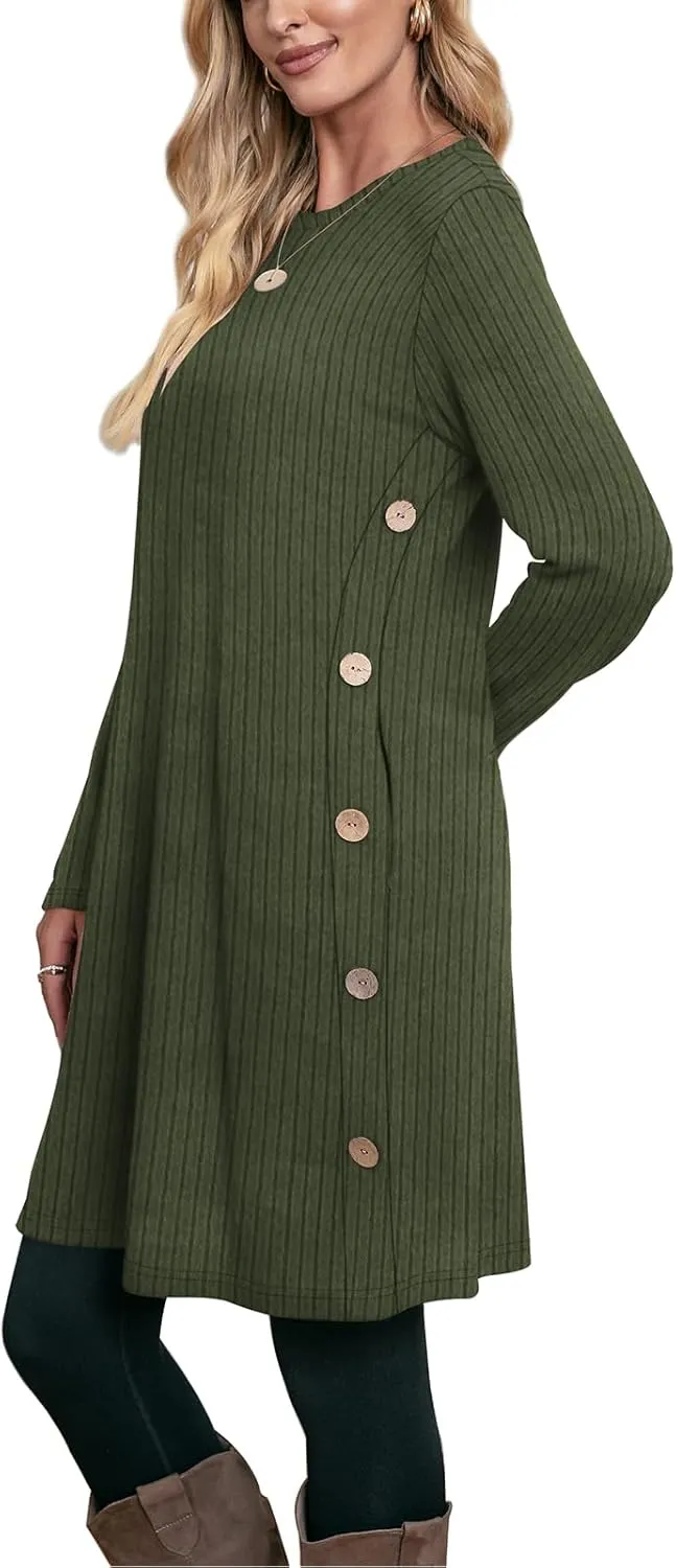 OFEEFAN Fall and Winter Tunic Dress with Pockets Long Sleeve Crew Neck Buttons Side