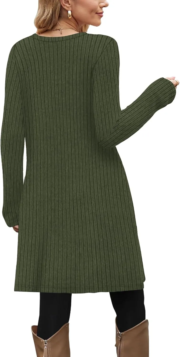 OFEEFAN Fall and Winter Tunic Dress with Pockets Long Sleeve Crew Neck Buttons Side