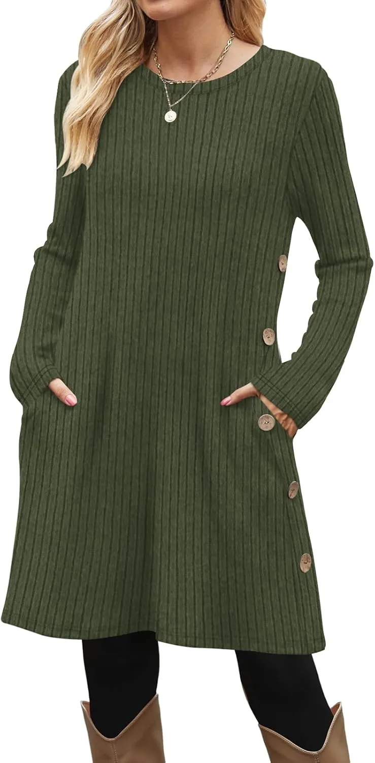 OFEEFAN Fall and Winter Tunic Dress with Pockets Long Sleeve Crew Neck Buttons Side