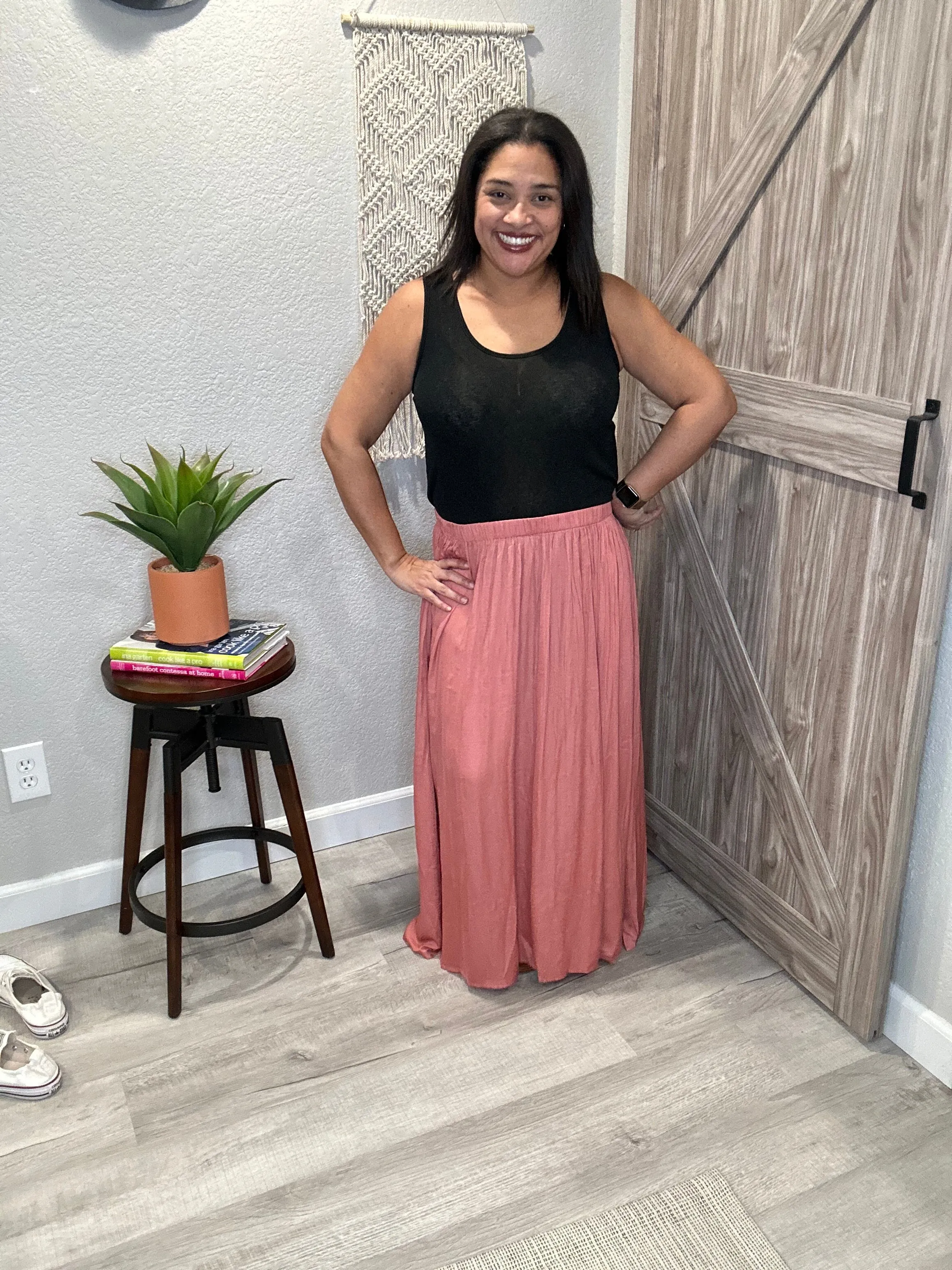 Size Large Rosewood Deep Slit A-Line Maxi Skirt with Pockets