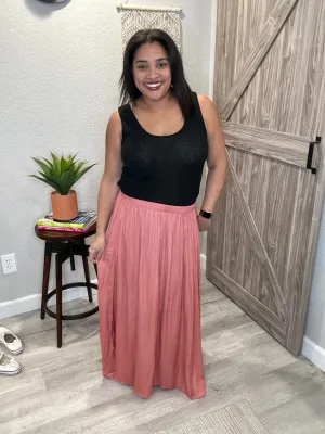Size Large Rosewood Deep Slit A-Line Maxi Skirt with Pockets