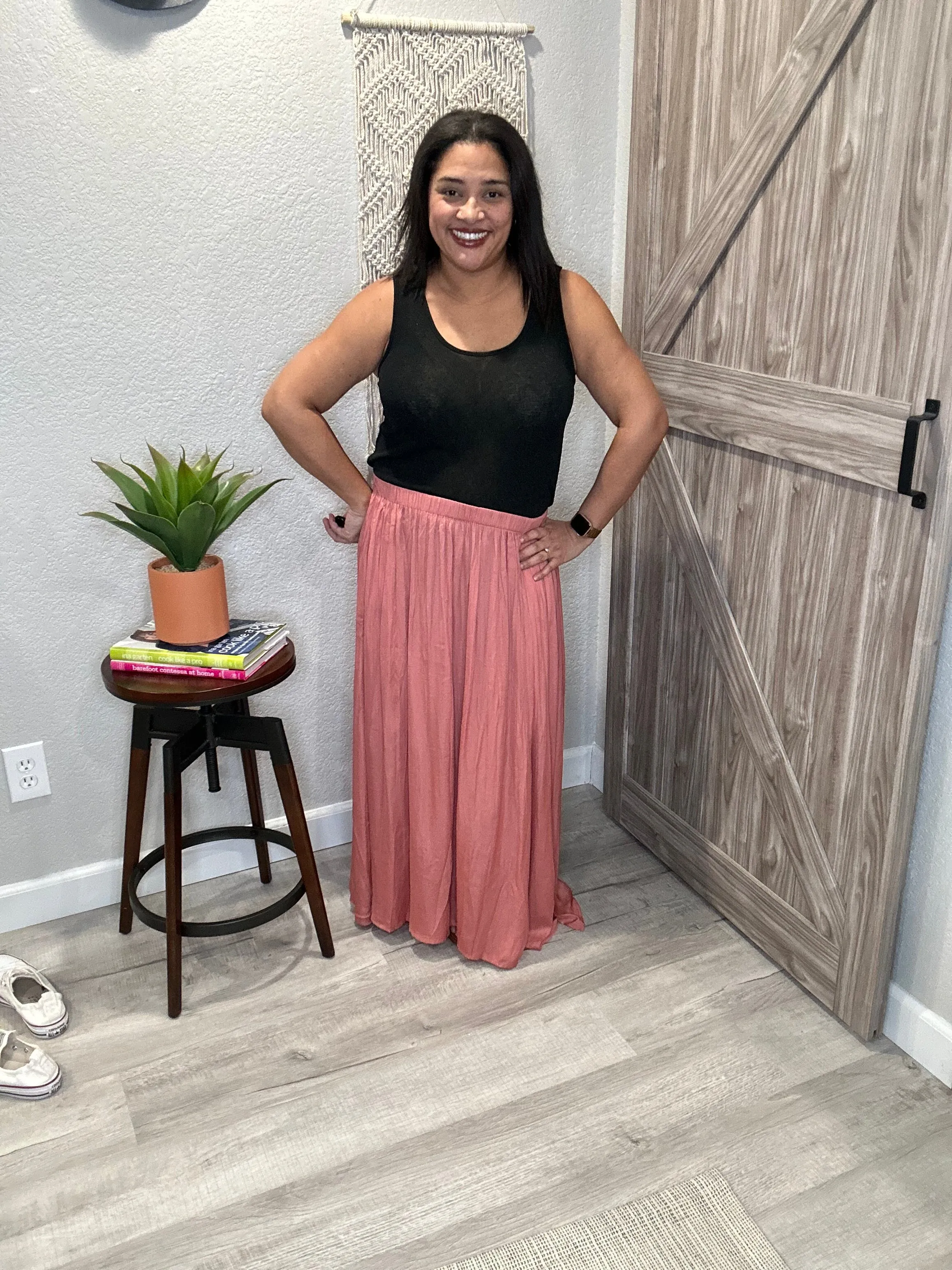Size Large Rosewood Deep Slit A-Line Maxi Skirt with Pockets