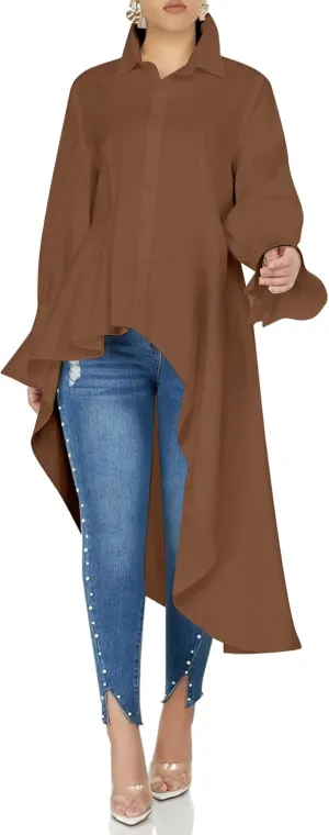 Umenlele Womens Button Down Long Sleeve Asymmetric Ruffle High Low Hem Blouse Shirt Top