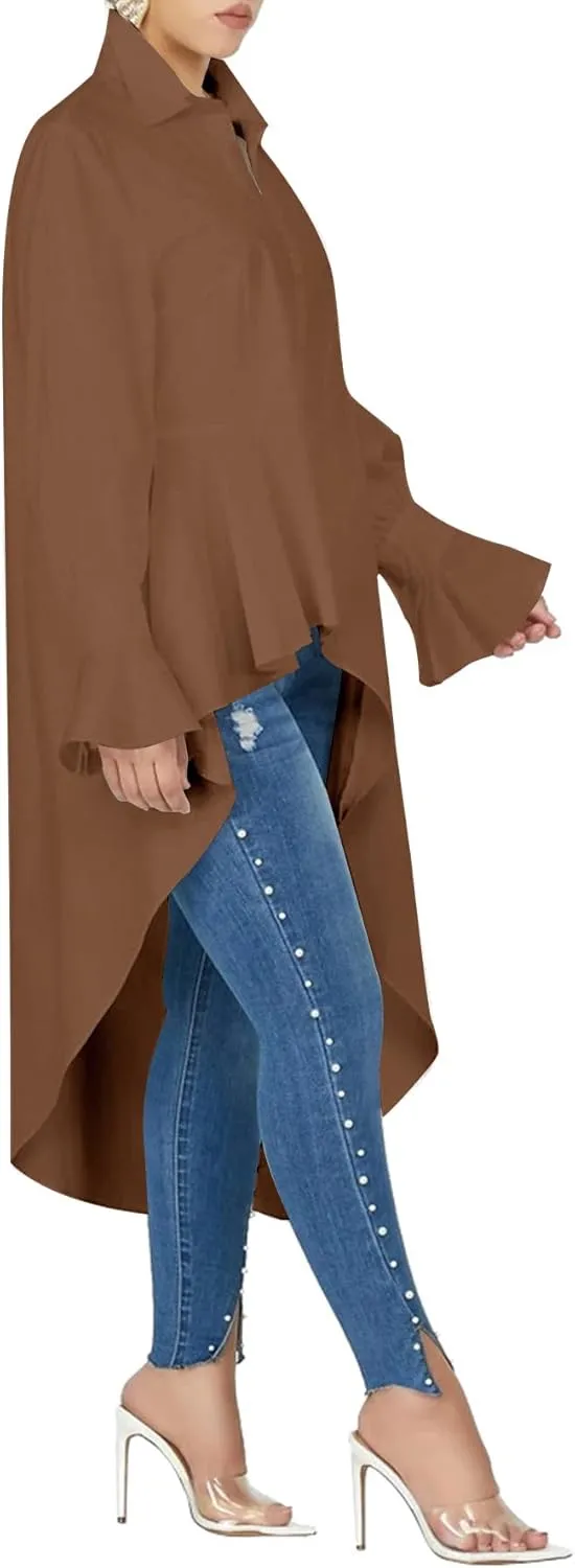 Umenlele Womens Button Down Long Sleeve Asymmetric Ruffle High Low Hem Blouse Shirt Top