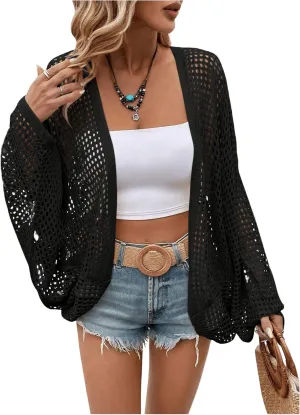 Verdusa Women's Hollow Out Open Front Long Sleeve Oversized Knitted Cardigan Sweater