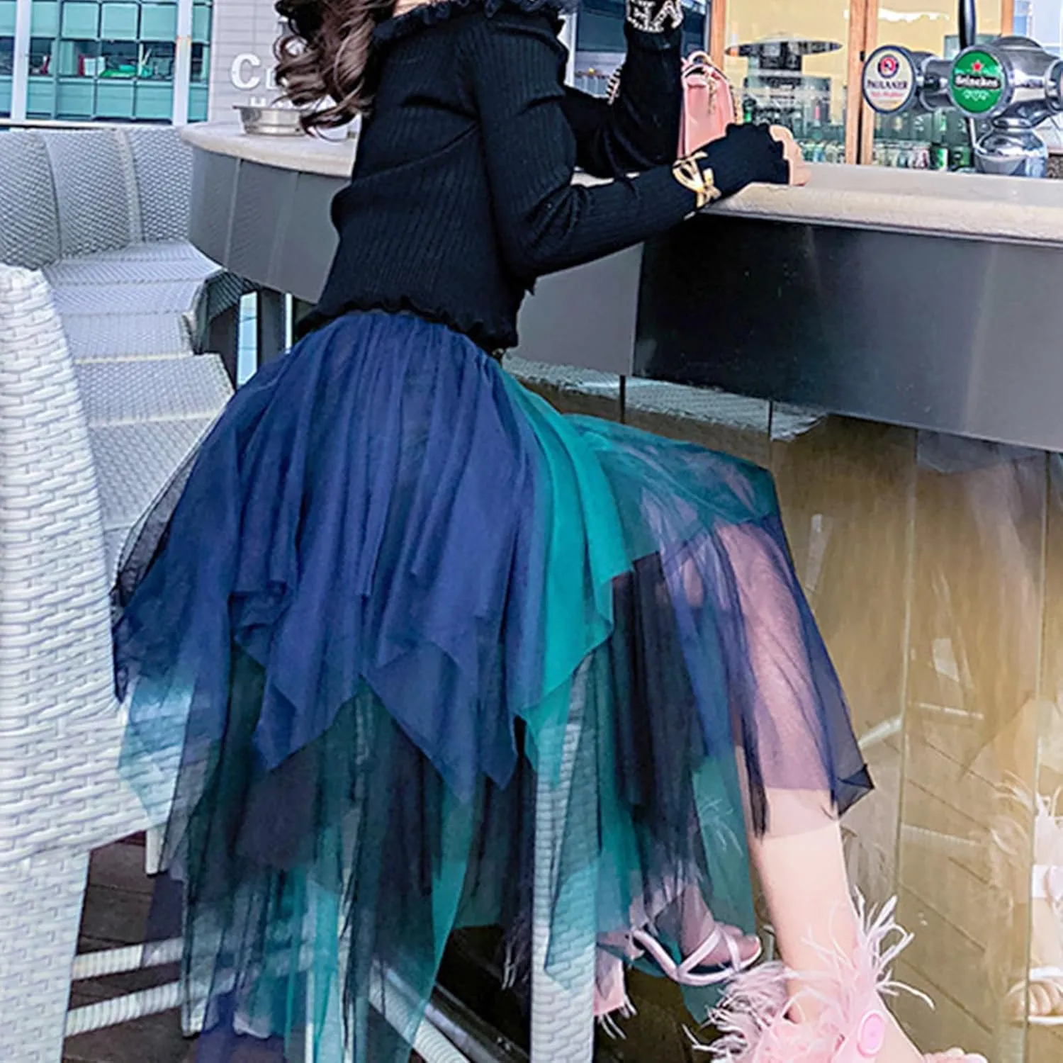 Women Tulle Skirts Layered Tutu Skirt Midi Length Elastic High Waist A Line Skirt