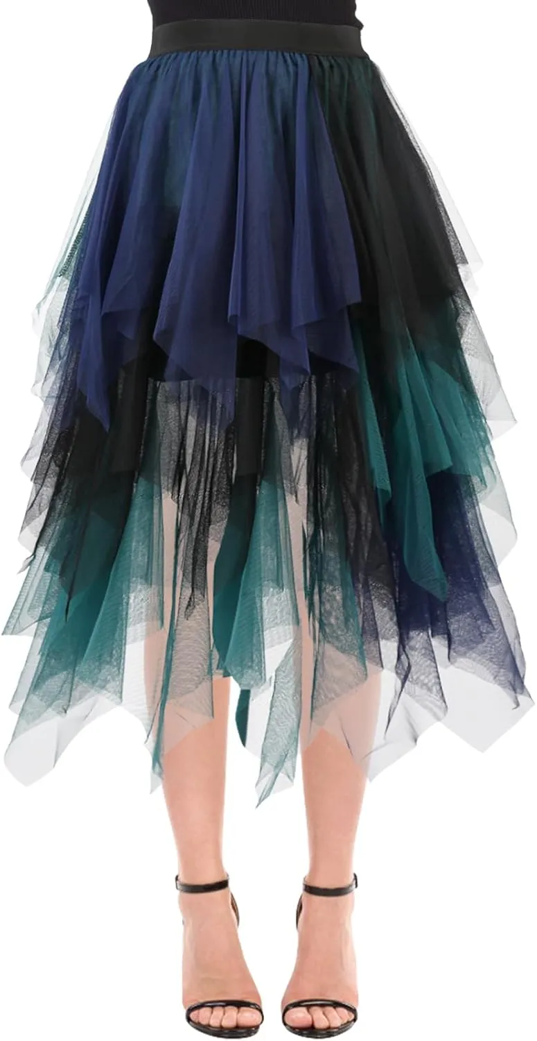 Women Tulle Skirts Layered Tutu Skirt Midi Length Elastic High Waist A Line Skirt