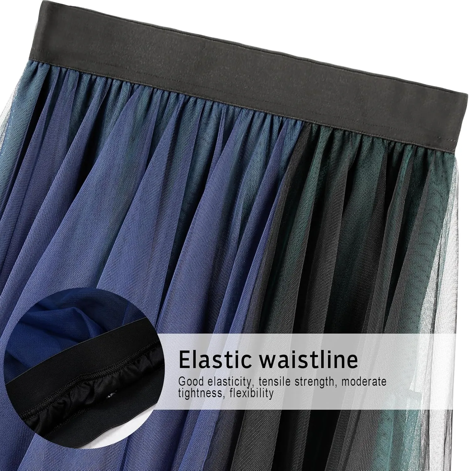 Women Tulle Skirts Layered Tutu Skirt Midi Length Elastic High Waist A Line Skirt