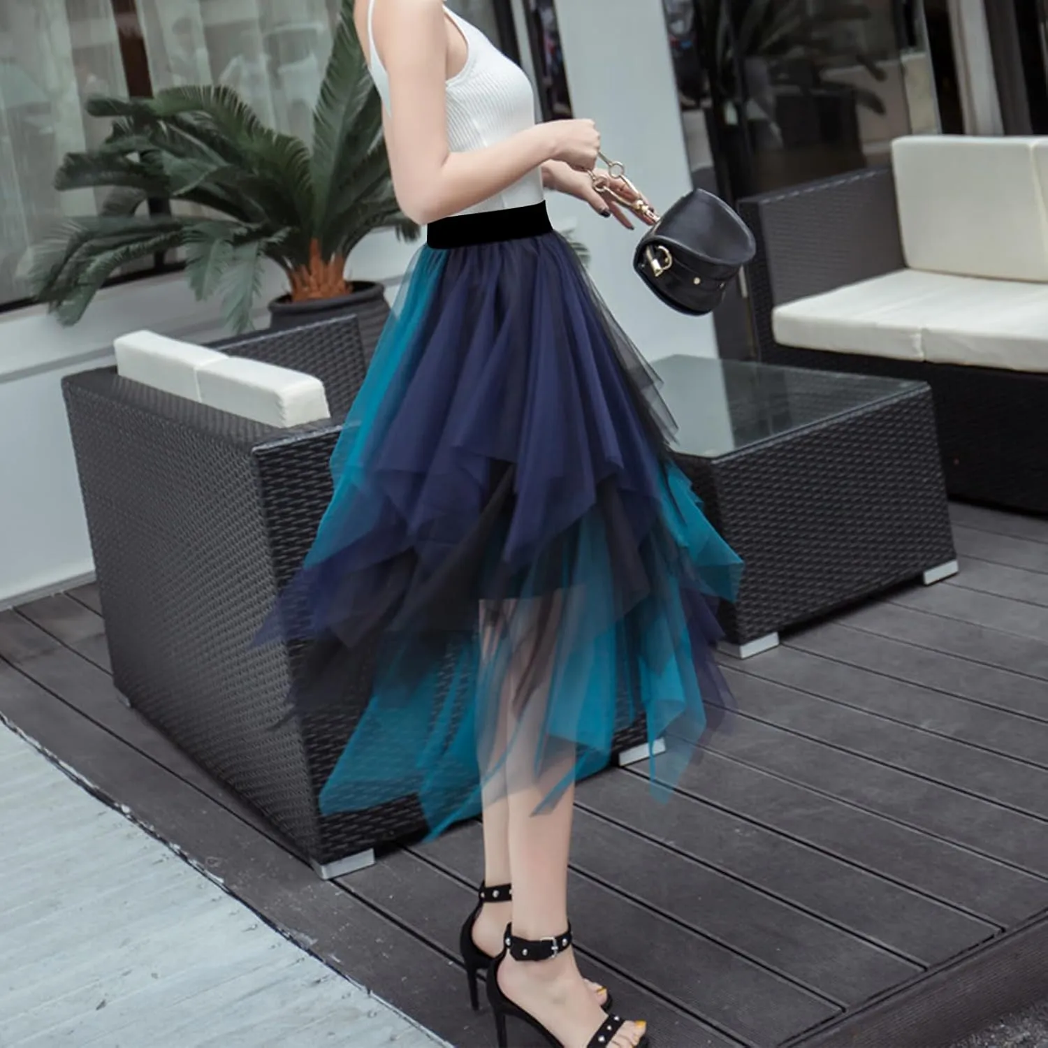 Women Tulle Skirts Layered Tutu Skirt Midi Length Elastic High Waist A Line Skirt