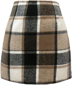 Women's Plaid Mini Skirt Pencil Above Knee Length High Elastic Waist Bodycon Zipper Vintage Short Skirts for Women