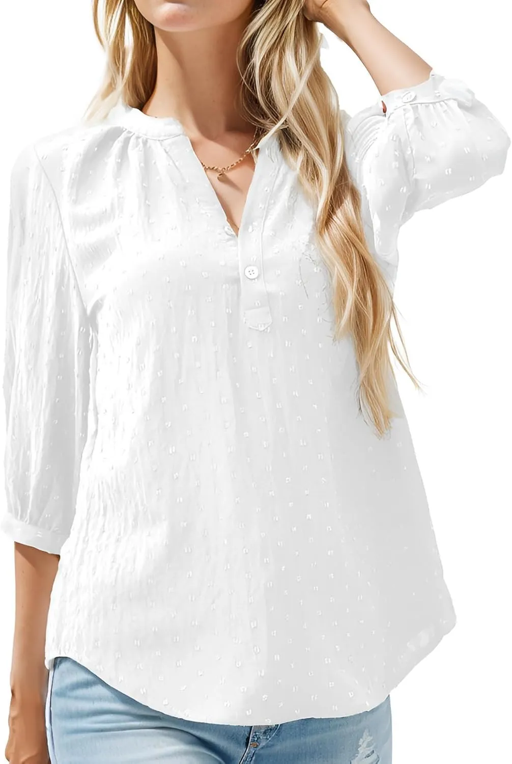 Women's Polka Dot Tops 3/4 Sleeve Henley Button Up Blouses Summer V-Neck Swiss Dot T-Shirts 2025 Spring Outfits S-XXL