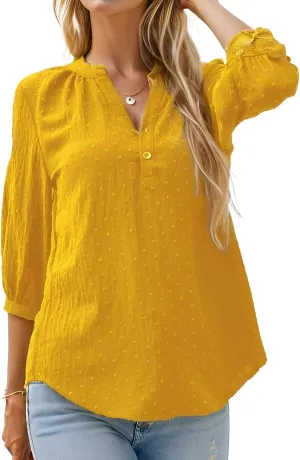 Women's Polka Dot Tops 3/4 Sleeve Henley Button Up Blouses Summer V-Neck Swiss Dot T-Shirts 2025 Spring Outfits S-XXL