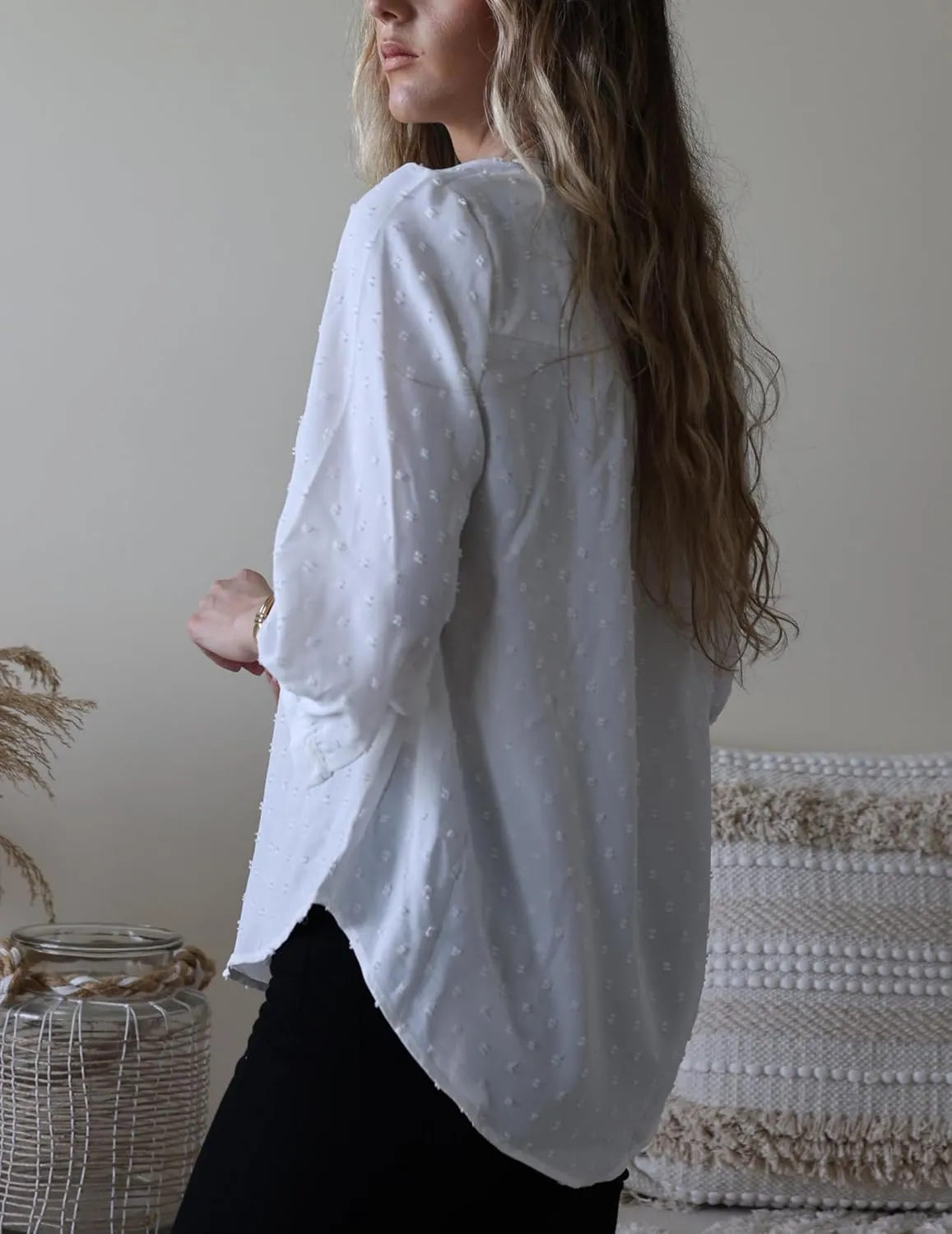 Women's Polka Dot Tops 3/4 Sleeve Henley Button Up Blouses Summer V-Neck Swiss Dot T-Shirts 2025 Spring Outfits S-XXL