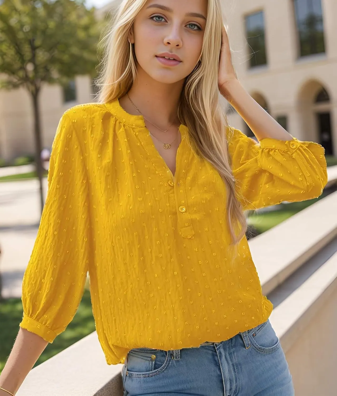 Women's Polka Dot Tops 3/4 Sleeve Henley Button Up Blouses Summer V-Neck Swiss Dot T-Shirts 2025 Spring Outfits S-XXL