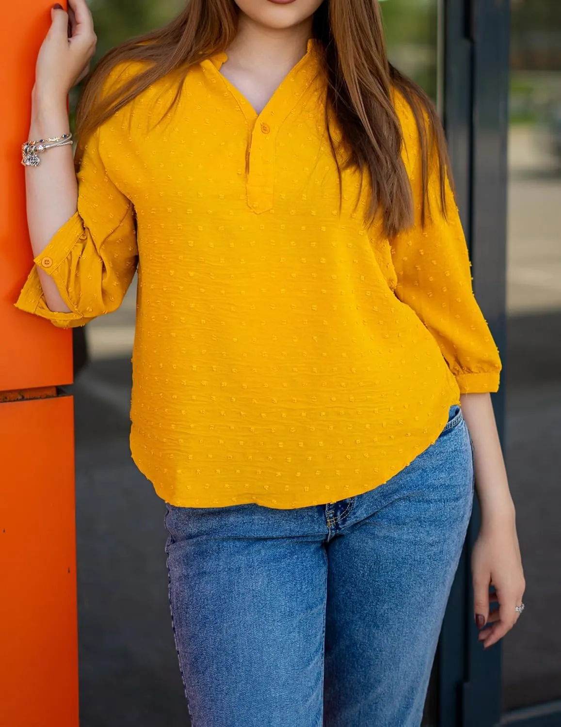 Women's Polka Dot Tops 3/4 Sleeve Henley Button Up Blouses Summer V-Neck Swiss Dot T-Shirts 2025 Spring Outfits S-XXL