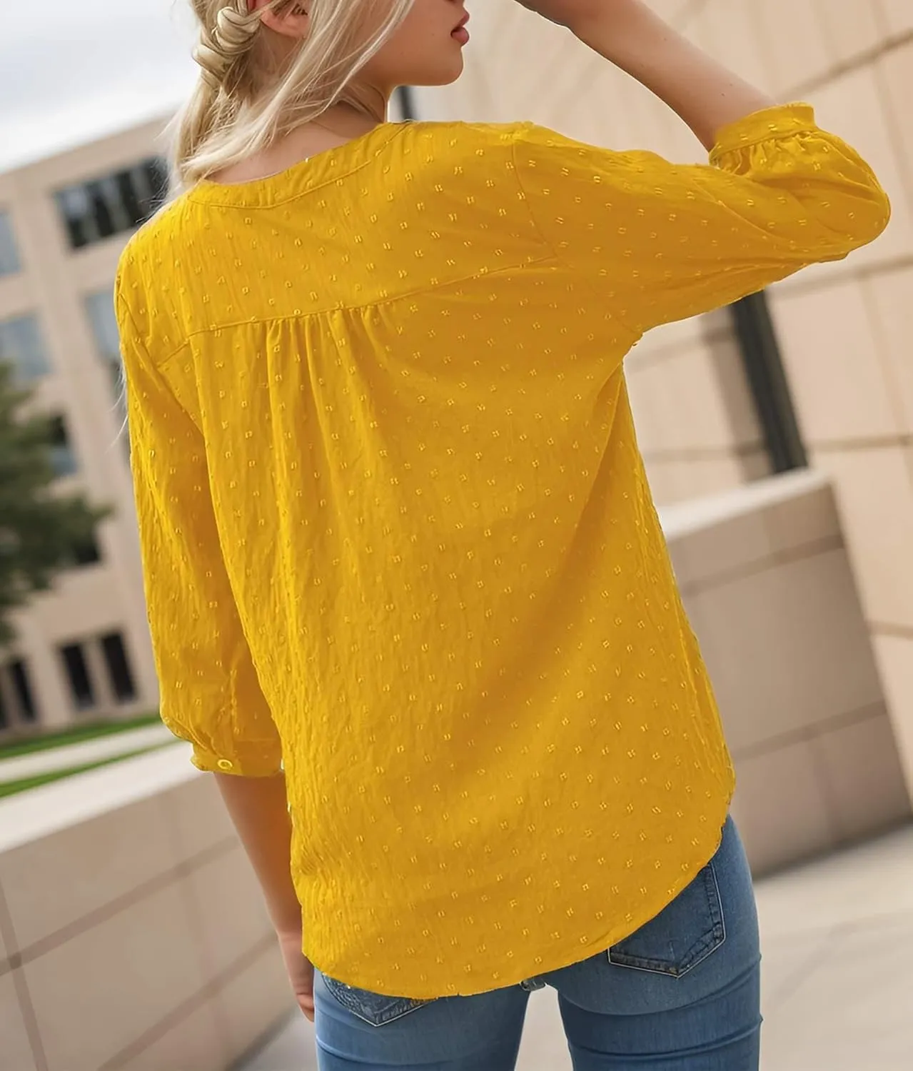 Women's Polka Dot Tops 3/4 Sleeve Henley Button Up Blouses Summer V-Neck Swiss Dot T-Shirts 2025 Spring Outfits S-XXL