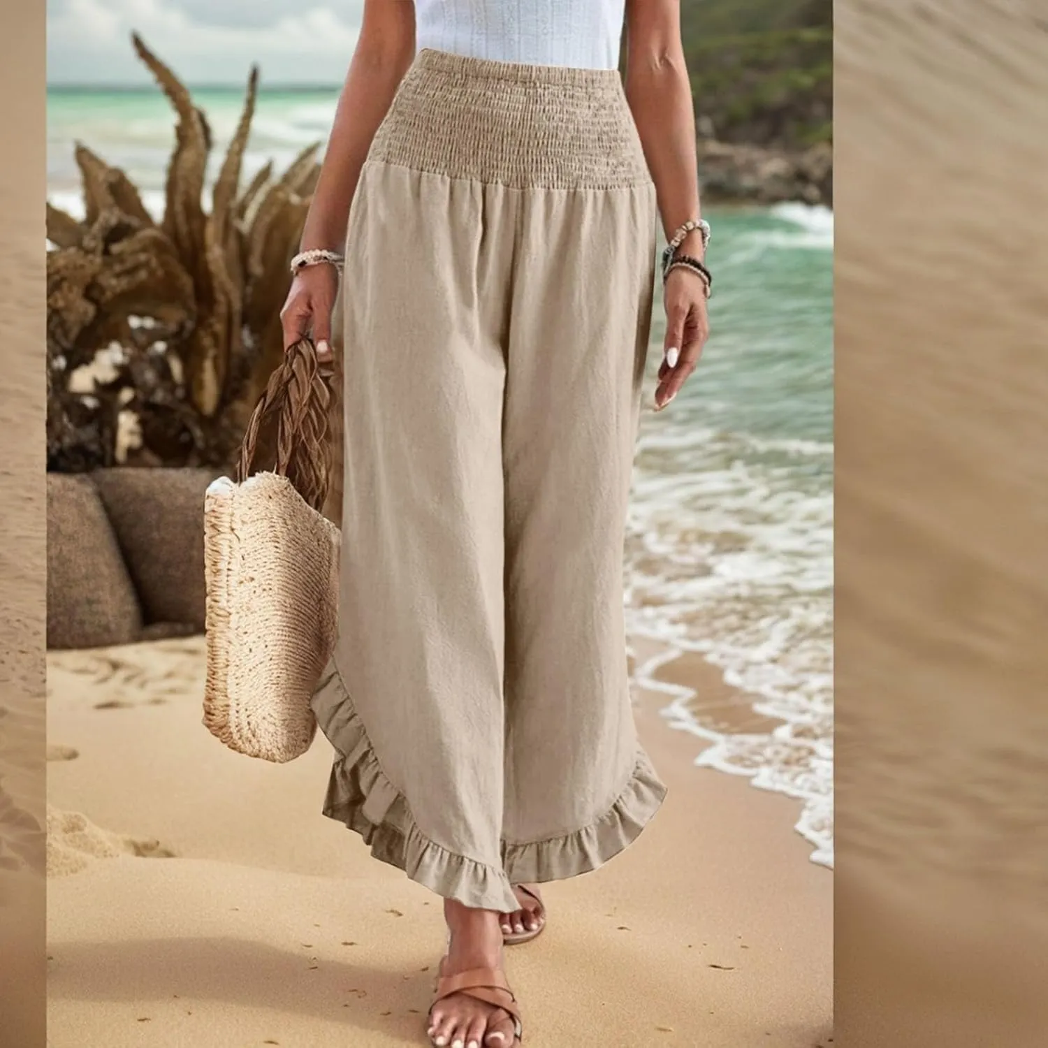 Women's Solid Color Elastic Waist Slim Pleated Petal Dressy Casual Loose Fit Trousers