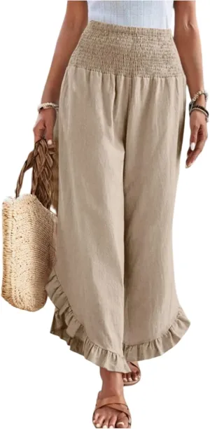 Women's Solid Color Elastic Waist Slim Pleated Petal Dressy Casual Loose Fit Trousers