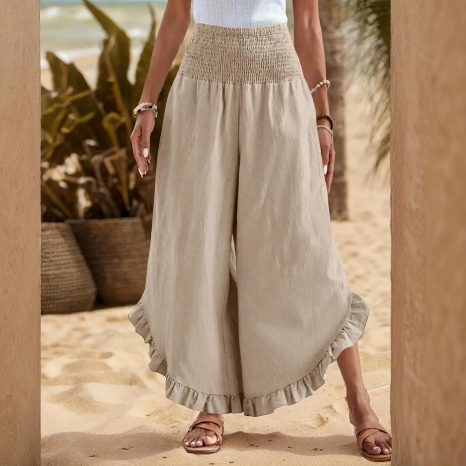 Women's Solid Color Elastic Waist Slim Pleated Petal Dressy Casual Loose Fit Trousers