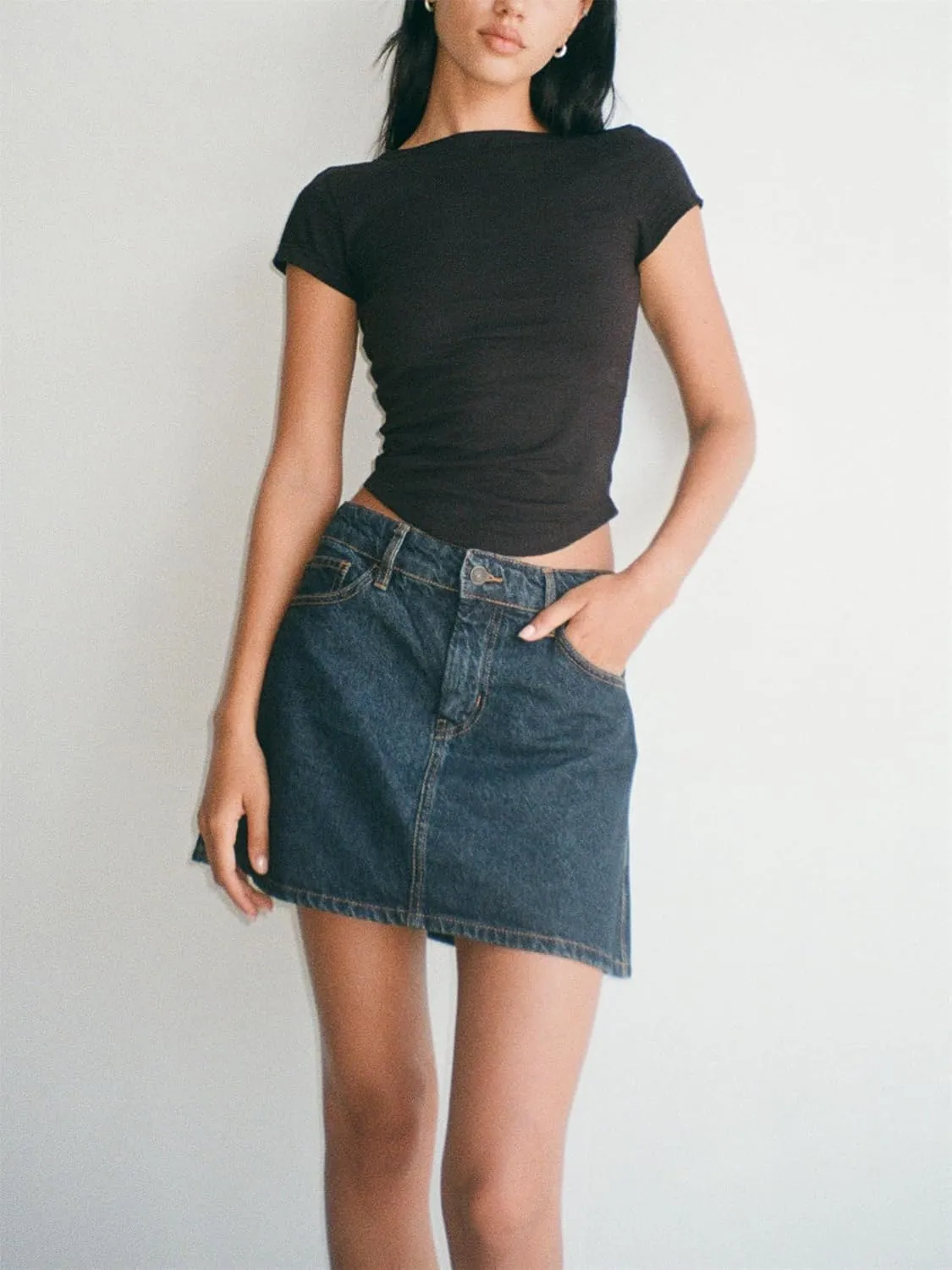 Y2k Jean Skirt for Women Low Rise A Line Raw Hem Frayed Denim Mini Skirt with Pockets Summer Going Out Short Skirt