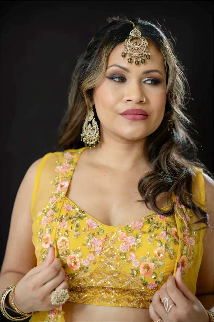 Yellow Ladies Suit with Crop top & Net Jacket & Dhoti Style Skirt