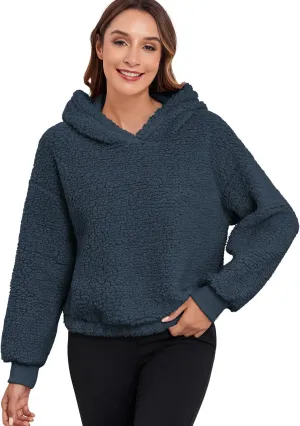 ZAFUL Women's Fuzzy Crop Hoodie Pullover Drop Shoulder Teddy Fluffy Long Sleeve Sweatshirt